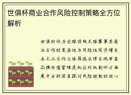 世俱杯商业合作风险控制策略全方位解析